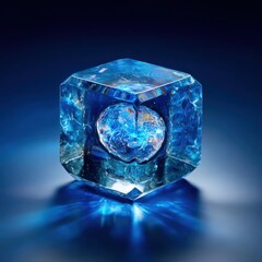 A glowing blue crystal cube with a swirling galaxy inside, casting dramatic blue light and shadows on a dark background