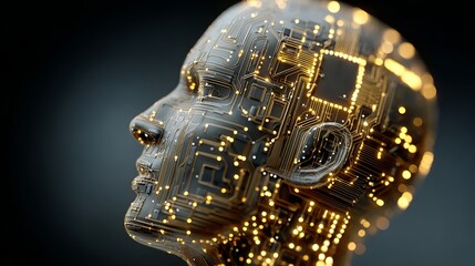 Advanced AI concept visualized with glowing circuitry forming a human head profile, symbolizing innovation and future tech