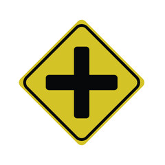 Obraz premium Crossroads ahead warning sign isolated on a white background, a traffic symbol representing a four-way intersection, direction, and decision point