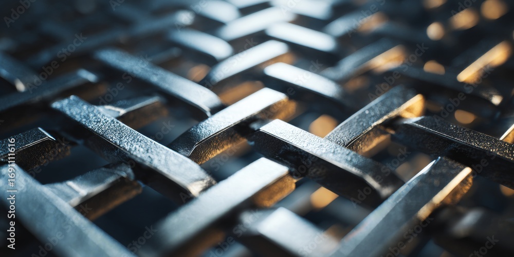 Poster close-up view of metallic grate pattern with shiny surface and abstract perspective in modern indust
