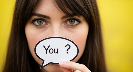 Young caucasian female with green eyes holding speech bubble against yellow background