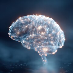 Abstract glowing human brain with interconnected neural network of lights on a dark background