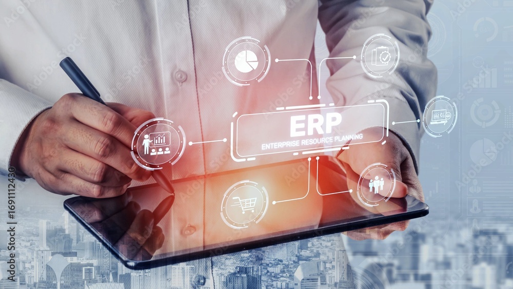 Aufkleber erp platform visual showing centralized system for enterprise resource planning, improving integrati