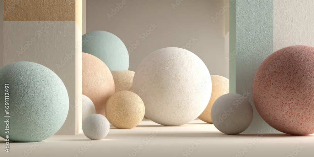 Poster abstract composition with geometric shapes and soft pastel colors featuring spheres and textured sur