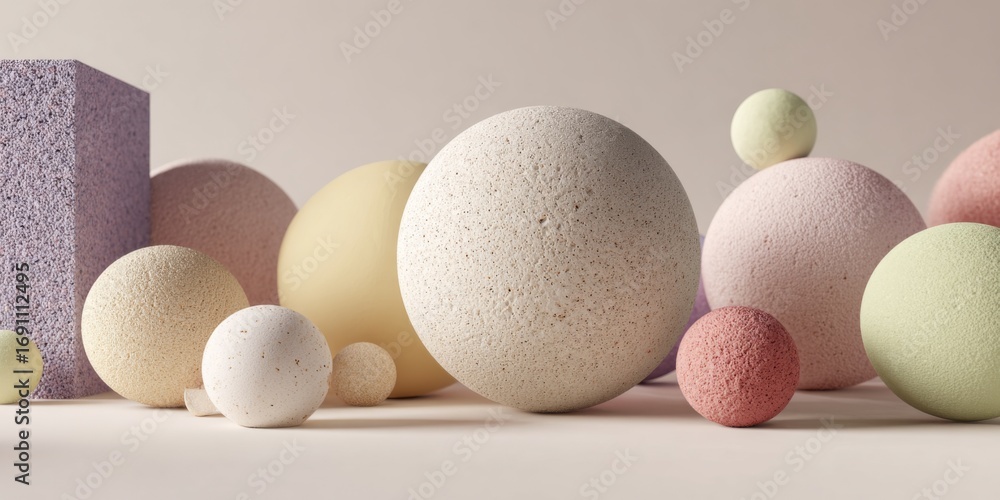 Poster abstract composition with geometric shapes and soft pastel colors featuring spheres and textured sur