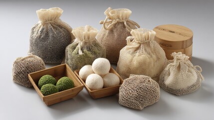 Assortment of decorative beaded pouches and balls, some filled with small round candies or truffles, arranged on a light gray surface