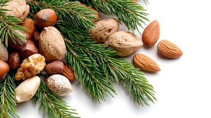 Festive arrangement of assorted nuts and fresh green fir branches isolated on white background for a seasonal holiday or winter celebration