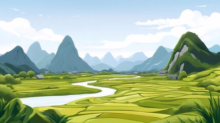 Pixel Art Landscape with Green Rice Fields River and Distant Mountains in Tranquil Ambiance