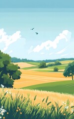 青空の下の緑と黄色の農地のピクセルアート風景