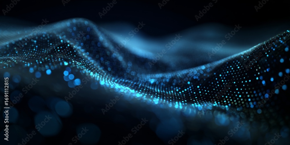Poster abstract digital landscape with glowing blue dots creating depth and texture in dark space for techn