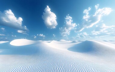 白い砂丘とふわふわした雲が広がる青い空の穏やかな砂漠の風景