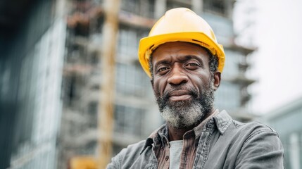 portrait of african american man architect at building site looking at camera confident construction manager wearing hardhat successful mature civil engineer at construction site with copy space no l