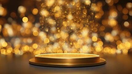 a golden circular podium is illuminated by soft warm lights the background features a bokeh effect with shimmering golden orbs creating a festive atmosphere