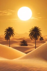 Golden Desert Landscape With Palm Trees and Bright Sun Over Dune at Daytime