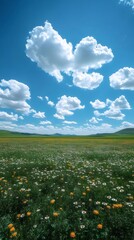 Open Field of Wildflowers with Blue Sky and Clouds During Sunny Day in Rural Landscape