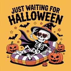 A playful skeleton in sunglasses relaxes on a float, surrounded by pumpkins and bats, eagerly anticipating Halloween festivities.