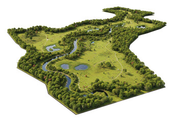 Aerial view of a lush green park with winding paths and water features transparent background