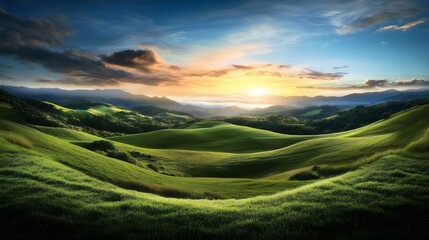 鮮やかな夕日の丘陵地帯の風景 青空に浮かぶ雲 緑の草が広がる丘陵地のパノラマ