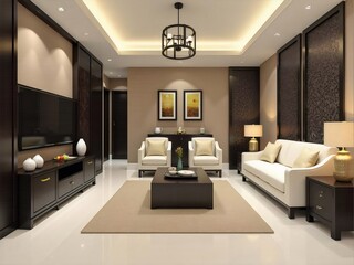 落ち着いたリビングルーム ベージュの壁と床 白い家具と黒いアクセントのあるインテリア