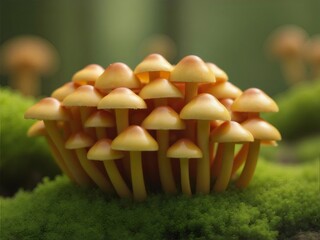 Close Up Bunch of Small Yellow Mushrooms Growing on Green Moss in Forest