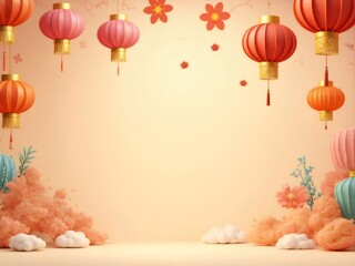 Festive Red and Gold Chinese Lanterns Adorn a Beige Backdrop with Flowers and Clouds