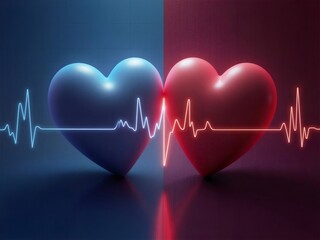 青と赤のハートが心電図に繋がり暗い背景に浮かぶ医療的コンセプト