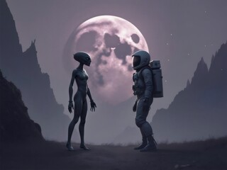 灰色のアウトドアで月の前に並んで立っている宇宙飛行士とエイリアンのイラストレーション