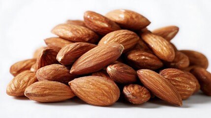 Heap of raw almonds isolated on white background, displaying their rich brown color and wrinkled texture, ideal for healthy eating and cooking