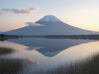 穏やかな湖に映る雪を頂いた富士山 薄明の空 晴れた日の静かな風景