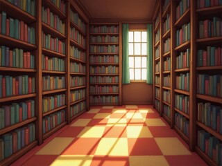 明るい光が差し込む木製の棚がある図書館の本とチェッカーボードの床