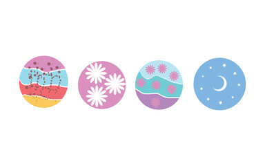 Four colorful circular designs with unique patterns on white background