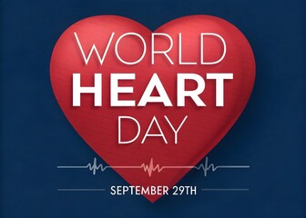 Fototapeta premium Emblem of World Heart Day with image of red heart on dark background. Medical sign on 29th of September. Vector illustration.