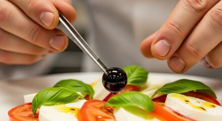 Chef carefully places a black olive on a caprese salad with fresh basil, mozzarella, and tomatoes, closeup shot