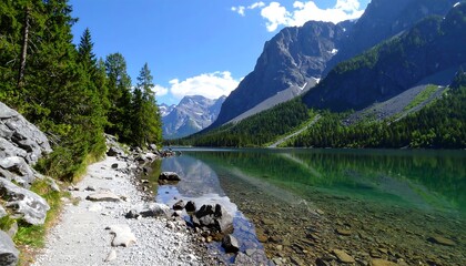 Mountain lake panorama. Sunny alpine scenery