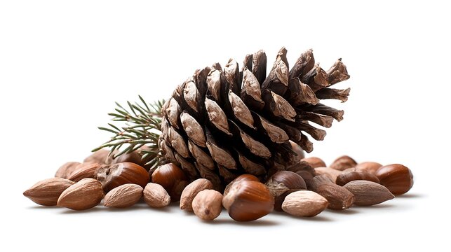 A pine cone and a sprig of pine needles are nestled among a pile of assorted nuts isolated on white background, creating a rustic and natural composition