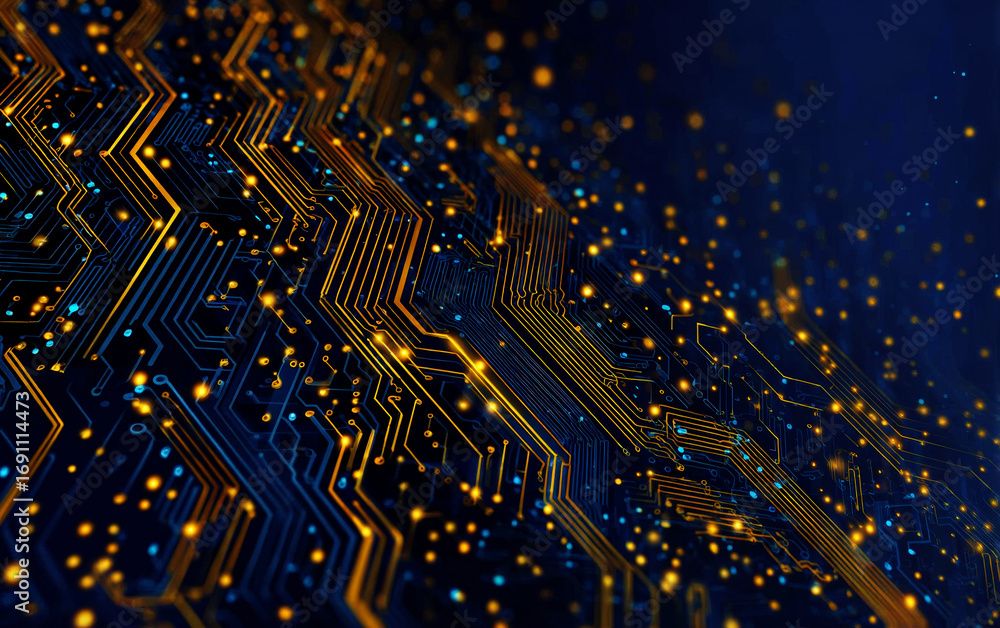 Poster close-up view of circuit board with glowing elements