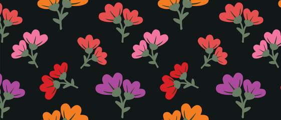 Vector art of colorful floral pattern with pink, red, purple, and orange flowers on a