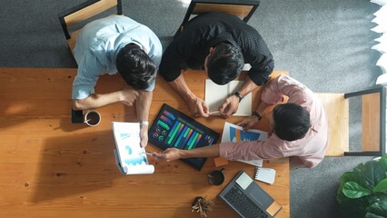 Executive manager explain financial graph to colleague at meeting room. Top aerial view of diverse...