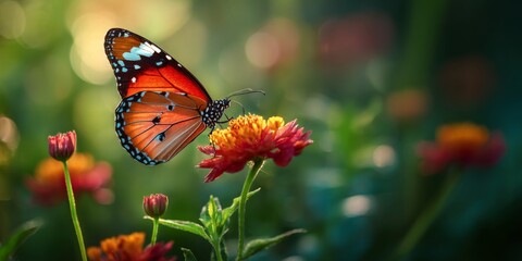 Obraz premium Vibrant Butterfly Perched on Colorful Flower in Sunlit Meadow with Soft Bokeh Effect and Lush Green Background