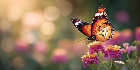 Obraz premium Vibrant Butterfly Perched on Colorful Flower in Sunlit Meadow with Soft Bokeh Effect and Lush Green Background