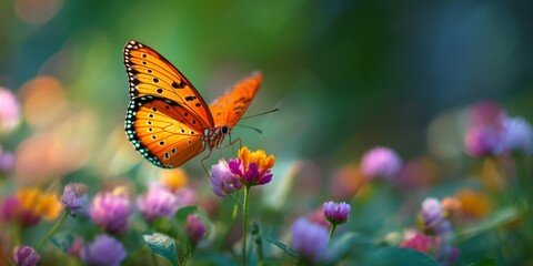 Obraz premium Vibrant Butterfly Perched on Colorful Flower in Sunlit Meadow with Soft Bokeh Effect and Lush Green Background