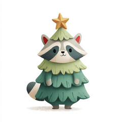Cute raccoon character designed as a Christmas tree with a star on top in a playful, colorful style