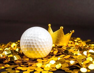 Golf ball, gold crown, and coins.  A symbol of wealth and achievement