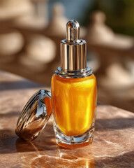 A luxurious golden serum or oil in a clear glass bottle with a metallic silver cap, placed on a marble surface with soft lighting