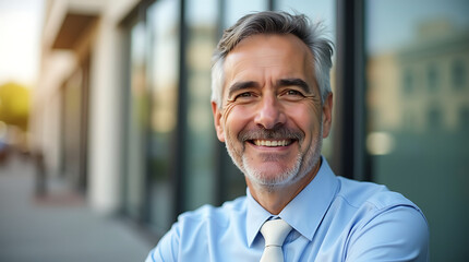 Obraz premium Cheerful mature man with grey beard and blue shirt posing outdoors with a smile businessman