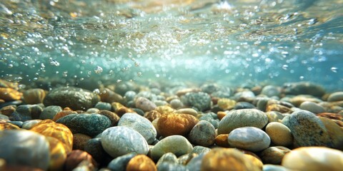 Obraz premium Underwater View of Smooth Pebbles and Stones Beneath Clear Water with Sunlight Reflections and Bubbles Creating a Serene Ambiance