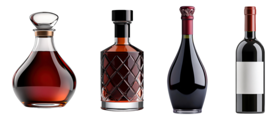 Elegant decanters and wine bottles showcasing various designs isolated on transparency PNG background, perfect for advertising, menus, or wine-related content