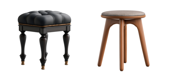 Elegant stools with contrasting designs; one classic with tufted leather and wooden legs isolated on transparency PNG background, the other modern with sleek lines and cushioned seat
