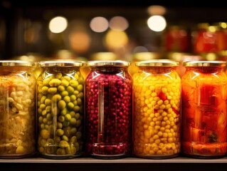 A row of assorted preserved vegetables in glass jars with golden lids, neatly arranged on a shelf with blurred lights in the background