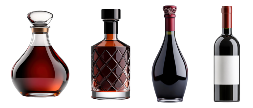 Elegant decanters and wine bottles showcasing various designs isolated on transparency PNG background, perfect for advertising, menus, or wine-related content